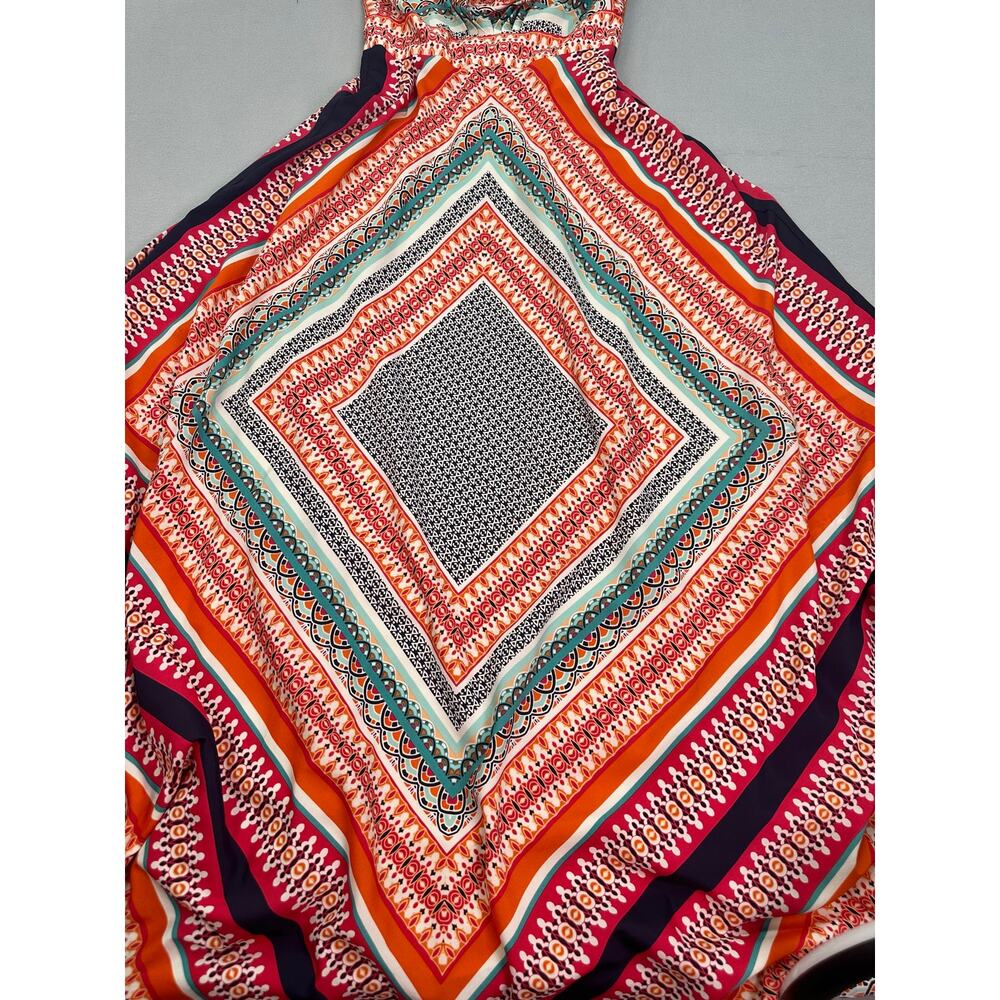 Eliza J Scarf Print Crepe De Chine Maxi Dress Keyhole Tie Pleated Boho Size 4 - Picture 5 of 13
